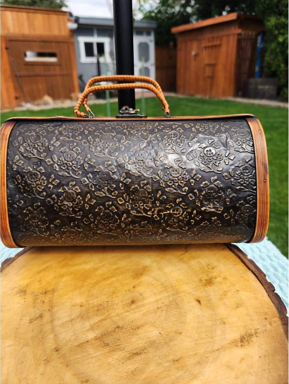 Vintage Floral Embossed Bamboo Handle Barrel Bag